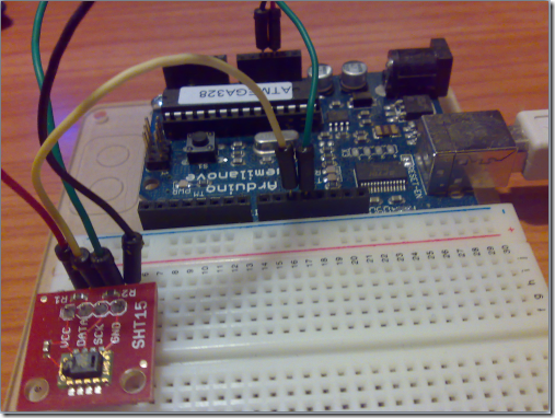 foto de la conexión sensor SHT15 a Arduino