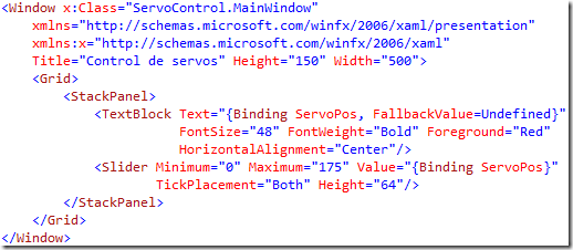 xaml para el interface gráfico del control de servomotores con arduino